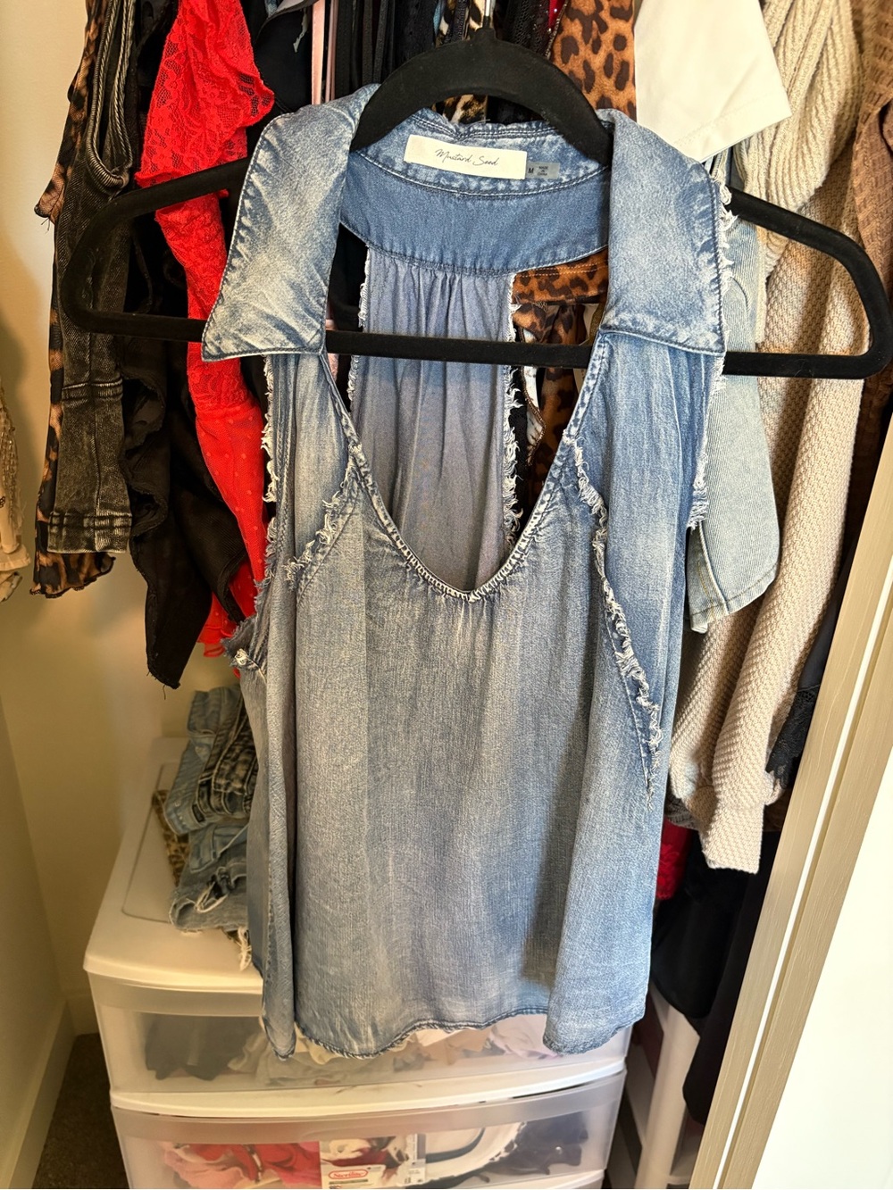 Sleeveless Light Blue Denim Tank Top with Collar